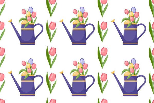 Seamless pattern with Bright watering can and  spring flowers. Bouquet of tulips in pretty vase. Flower arrangement in watering can. Gardening