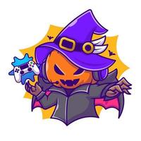 Cute Witch Pumpkin Gaming Cartoon Vector Icon Illustration. Halloween Gaming Icon Concept Isolated Premium Vector. Flat Cartoon Style