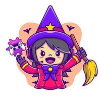 Cute Female Witch Gaming Cartoon Vector Icon Illustration. Halloween Gaming Icon Concept Isolated Premium Vector. Flat Cartoon Style