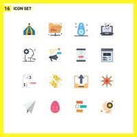 Group of 16 Flat Colors Signs and Symbols for gear computer devices laptop report Editable Pack of Creative Vector Design Elements