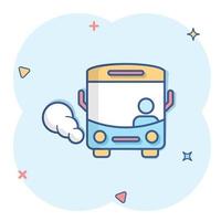 Bus icon in comic style. Coach cartoon vector illustration on white isolated background. Autobus vehicle splash effect business concept.