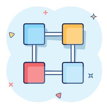icono de la tecnología blockchain de dibujos animados vectoriales en estilo cómico. Pictograma de ilustración de concepto de bloque de cubo de criptografía. concepto de efecto de salpicadura de negocio de algoritmo blockchain. vector