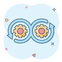 Development icon in comic style. Devops vector cartoon illustration on white isolated background. Cog with arrow business concept splash effect.