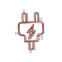 icono de enchufe eléctrico en estilo cómico. Ilustración de vector de dibujos animados de adaptador de corriente sobre fondo blanco aislado. concepto de negocio de signo de efecto de salpicadura de electricista.