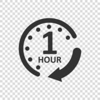 1 hour clock icon in flat style. Timer countdown vector illustration on isolated background. Time measure sign business concept.