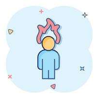 People with flame head icon in comic style. Stress expression cartoon vector illustration on white isolated background. Health problem splash effect business concept.