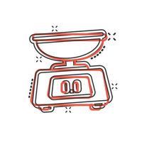 Bathroom weight scale icon in comic style. Mass measurement cartoon vector illustration on isolated background. Overweight splash effect sign business concept.