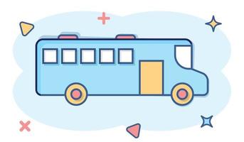 icono de autobús en estilo cómico. ilustración de vector de dibujos animados de entrenador sobre fondo blanco aislado. concepto de negocio de efecto de salpicadura de vehículo autobus.