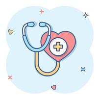 icono de estetoscopio en estilo cómico. ilustración de vector de dibujos animados de diagnóstico de corazón sobre fondo aislado. concepto de negocio de signo de efecto de salpicadura de medicina.