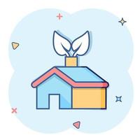 icono de casa de ecología en estilo cómico. casa con ilustración de vector de dibujos animados de hoja sobre fondo blanco aislado. Concepto de negocio de signo de efecto de salpicadura de edificio botánico.