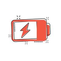 Battery icon in comic style. Accumulator cartoon vector illustration on white isolated background. Energy charger splash effect business concept.