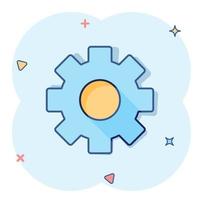 Gear vector icon in comic style. Cog wheel cartoon illustration on white isolated background. Gearwheel cogwheel splash effect business concept.