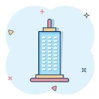 Building icon in comic style. Town skyscraper apartment cartoon vector illustration on white isolated background. City tower splash effect business concept.