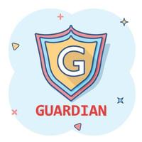 Vector cartoon shield protection icon in comic style. Protect guardian sign illustration pictogram. Defence business splash effect concept.