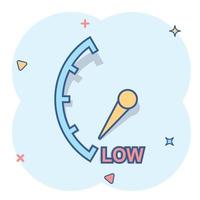 Cartoon low level icon in comic style. Speedometer, tachometer sign illustration pictogram. Risk meter splash business concept. vector