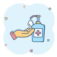 Hand sanitizer icon in comic style. Antiseptic bottle cartoon vector illustration on isolated background. Disinfect gel splash effect sign business concept.