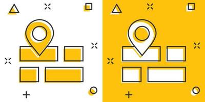 icono de pin de mapa en estilo cómico. ilustración vectorial de dibujos animados de navegación gps sobre fondo blanco aislado. localizar el concepto de negocio de efecto de salpicadura de posición. vector