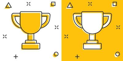 Trophy cup icon in comic style. Goblet prize cartoon vector illustration on isolated background. Award splash effect sign business concept.