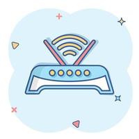 Wifi router icon in comic style. Broadband cartoon vector illustration on white isolated background. Internet connection splash effect business concept.