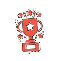 icono de copa de trofeo en estilo cómico. cáliz premio ilustración vectorial de dibujos animados sobre fondo aislado. concepto de negocio de signo de efecto de salpicadura de premio. vector