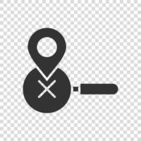 Map pin with magnifier icon in flat style. Gps navigation vector illustration on white isolated background. Locate position business concept.