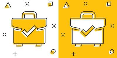 Briefcase accept icon in comic style. Portfolio approval cartoon vector illustration on white isolated background. Confirm splash effect business concept.