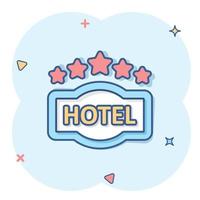 Hotel 5 stars sign icon in comic style. Inn cartoon vector illustration on white isolated background. Hostel room information splash effect business concept.