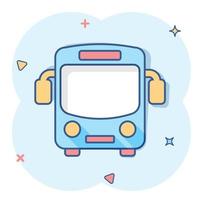 School bus icon in comic style. Autobus vector cartoon illustration on white isolated background. Coach transport business concept splash effect.