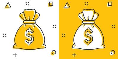 icono de bolsa de dinero en estilo cómico. Ilustración de vector de dibujos animados de bolsa de dinero sobre fondo aislado. signo de efecto de salpicadura de saco de monedas concepto de negocio.