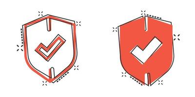 Shield with check mark icon in comic style. Protect cartoon vector illustration on white isolated background. Checkmark guard splash effect business concept.