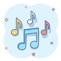 icono de nota musical de dibujos animados vectoriales en estilo cómico. pictograma de ilustración de concepto de medios de sonido. concepto de efecto de salpicadura de negocio de nota de audio. vector