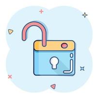 Locker icon in comic style. Padlock password cartoon vector illustration on white isolated background. Key unlock splash effect business concept.