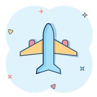 Plane icon in comic style. Airplane cartoon vector illustration on white isolated background. Flight airliner splash effect business concept.