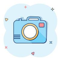 Vector cartoon photo camera icon in comic style. Photographer cam sign illustration pictogram. Camera business splash effect concept.