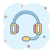 Helpdesk icon in comic style. Headphone cartoon vector illustration on white isolated background. Chat operator splash effect business concept.