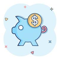 Money box icon in comic style. Pig container cartoon vector illustration on white isolated background. Piggy bank splash effect business concept.