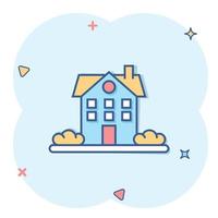 Building icon in comic style. Home cartoon vector illustration on white isolated background. House splash effect business concept.