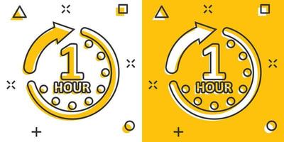 1 hour clock icon in comic style. Timer countdown cartoon vector illustration on isolated background. Time measure splash effect sign business concept.