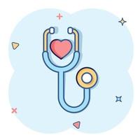 icono de estetoscopio en estilo cómico. ilustración de vector de dibujos animados de diagnóstico de corazón sobre fondo aislado. concepto de negocio de signo de efecto de salpicadura de medicina.