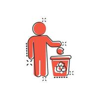 Garbage bin with people icon in comic style. Recycle cartoon vector illustration on white isolated background. Trash basket splash effect sign business concept.