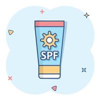 Sun protection icon in comic style. Sunblock cream cartoon vector illustration on white isolated background. Spf care splash effect business concept.