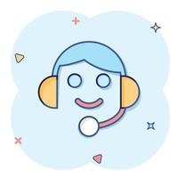 Helpdesk icon in comic style. Headphone cartoon vector illustration on white isolated background. Chat operator splash effect business concept.