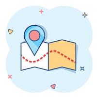 Vector cartoon pin on the map icon in comic style. Map gps sign illustration pictogram. Navigation business splash effect concept.