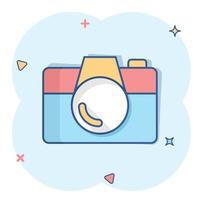 Camera device sign icon in comic style. Photography vector cartoon illustration on white isolated background. Cam equipment business concept splash effect.