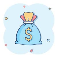 icono de bolsa de dinero en estilo cómico. Ilustración de vector de dibujos animados de bolsa de dinero sobre fondo aislado. signo de efecto de salpicadura de saco de monedas concepto de negocio.