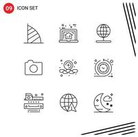 Editable Vector Line Pack of 9 Simple Outlines of basic image plan camera stand Editable Vector Design Elements