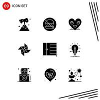 Set of 9 Vector Solid Glyphs on Grid for wardrobe furniture emoji windmill spring Editable Vector Design Elements