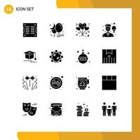 User Interface Pack of 16 Basic Solid Glyphs of cap sport balloons man avatar Editable Vector Design Elements