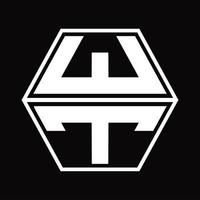 WT Logo monogram with hexagon shape up and down design template vector
