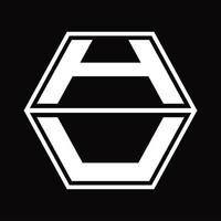 HU Logo monogram with hexagon shape up and down design template vector